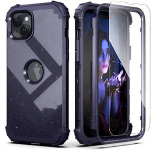 lot 2246 image: IDweel for iPhone 15 Plus Case with Screen Protector, 3 in 1 Shockproof Slim Fit Hybrid Heavy Duty Hard PC Cover Soft Silicone Bumper Full Body Case (Glitter Navy Blue)
