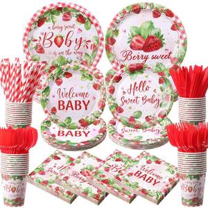 lot 3905 image: Widecook 450 Pcs Strawberry Baby Shower Tableware Set Decoration, Serves 50
