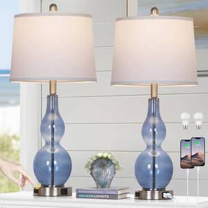 lot 3910 image: Rinweey 27.5 Coastal Blue Glass Double Gourd Table Lamp Set of 2,3-Way Dimmable Touch Control Bedside Lamps with USB Ports and AC Outlet, Nautical Nightstand Lamps for Bedroom Living Room
