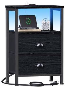 lot 3918 image: Furologee Night Stand with LED Light, Charging Station, 2 Drawer, Black Oak