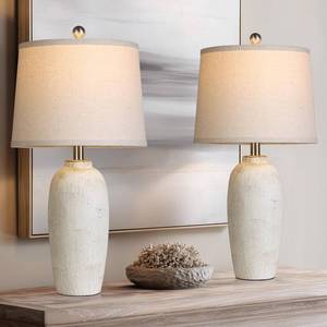 lot 3919 image: MOUVOVO Jar Table Lamps Set of 2, 25 Ceramic Bedside Lamps for Bedroom, Beige Farmhouse Nightstand Lamps for Living Room