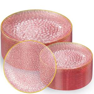 lot 3920 image: Rubtlamp 100Pcs Clear Pink Gold Plastic Plates, Pink Disposable Plates With Gold Rim, Hammered Plastic Plates Include 50 Clear Dessert Platos, 50 Dinner Platos for Party