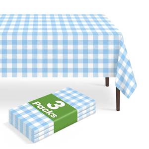 lot 4322 image: LIKAJON 3 Pack Blue and White Checkered Tablecloth, Blue Plastic Table Cloths for Parties Disposable, 54 x 108 inch Waterproof Blue Gingham Camping Tablecloth for Birthday, Party, Picnic, School