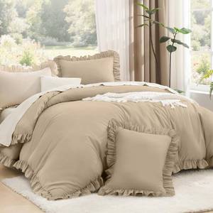 lot 5009 image: Litanika Queen Comforter Set, 3 Pieces Khaki Ruffle Bedding Set