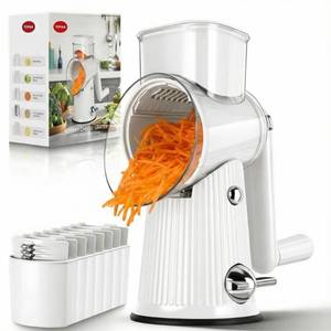 lot 5029 image: Rotary Cheese Grater with Handle - Vegetable Shredder with 5 Blades & Strong Suction Base, Round Slicer & Food Chopper for Kitchen (White)