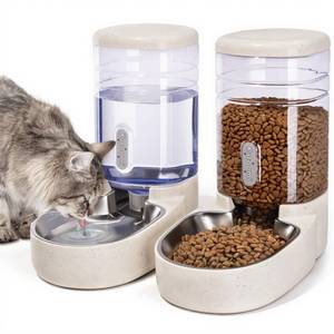lot 5985 image: Automatic Cat Feeder and Water Dispenser with Stainless Steel Bowl Gravity Food Feeder and Waterer Set for Small Medium Dog Puppy Kitten 1 Gallon x 2(Beige)
