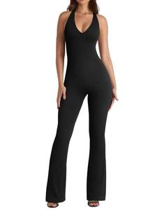 lot 6049 image: OQQ Jumpsuits for Women Halterneck Lace-Trim Flared Jumpsuits Black size m