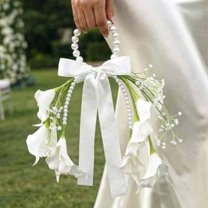 lot 6065 image: Novabright White Calla Lily Wedding Bouquet for Bride with Pearl Handle