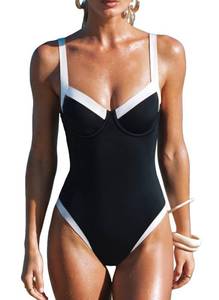 lot 6066 image: SUUKSESS Women Sexy Underwire One Piece Swimsuit Cut Out Color Block Tummy Control Bathing Suit V Neck High Cut Swimwear (Black White,L)