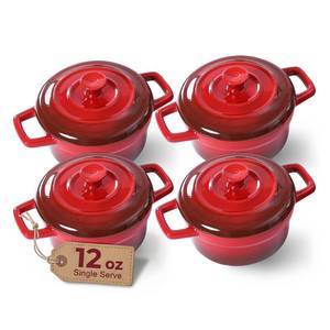 lot 6115 image: Lareina Mini Cocotte 12oz Ceramic Casserole Dish Set with Lid, Red