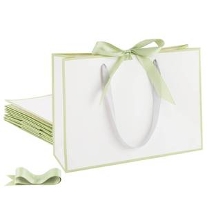 lot 6133 image: STOBOCTER 6 Pcs Paper Gift Bags with Handles 12.6x4x9.1 Thank You Gift Bags with Bow Ribbon Gift Wrap Bags for Wedding Bridesmaid Groomsmen Party Baby Shower Birthday Gifts(White, Sage Green)