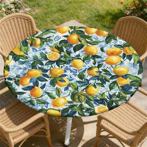 lot 6140 image: Round Fitted Tablecloth with Elastic Edge, Stain Resistant Waterproof Fabric Table Cover for 53-60 Round Table, Indoor Outdoor Dining, Kitchen Decor, Camping, Holiday, Party, Lemon