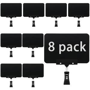 lot 6156 image: Leezead 8 Pack Rotating Clip Pop Swivel Sign Rotatable Holding Clamp Sign Holder, Plastic Merchandise Sign Display Clip Holder with 2 Chalk Markers for Food, Store Signs Displays, black