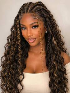 lot 6195 image: 13�6 Lace Front Braided Wigs for Black Women 26 Inch Handmade Cornrow Curly Fulani Wig with Face Framing Boho Hair Pre Plucked Lace Frontal Boho Braids Wig with Baby Hair Blonde Highlight