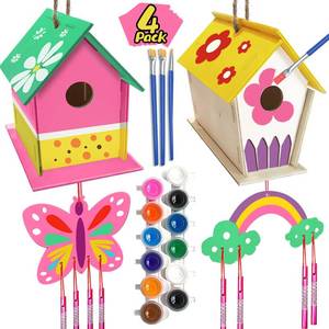 lot 6196 image: 4 Pack DIY Bird House Wind Chime Kit for Crafts for Kids Ages 4-8