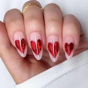 lot 6479 image: Valentines Press on Nails Short Almond Fake Nails Heart Nails Valentines False Nails Press ons with Design Glossy Acrylic Full Cover Valentines Day Stick on Nail for Women Girls Date 24Pcs