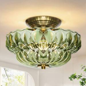 lot 7483 image: 11 3-Bulb Bright Semi Flush Mount Ceiling Light,Vintage Gold Hallway Light