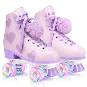 lot 7484 image: Ruthfot Womens and Girls Classic Roller Skates with Light up Wheels and Love Heart Pattern, High-top PU Leather Rollerskates��