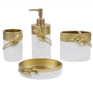 lot 7500 image: Hymmah Bathroom Accessories Set,Golden Design Toothbrush Holder,Farmhouse Bathroom Decor,4 Pcs Resin Gift Set Apartment Necessities, Contain Toothbrush Cup,Soap Dispenser,Soap Dish,Tumbler