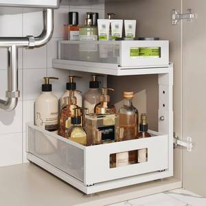 lot 7502 image: Corbyles 1 Pack 15.74IN-Depth Under Sink Organizer with Next-Gen Ball-Bearing Slides,2-Tier Pull Out Cabinet Storage,Height Adjustable Drawer Shelf for Bathroom,Kitchen,Laundry,Cabinet,Pantry-White