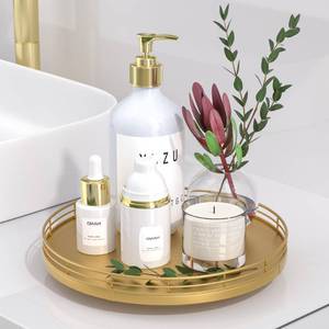 lot 7505 image: Oroyutor 10-Inch Oak Lazy Susan Vanity Tray with Gold Metal Rail