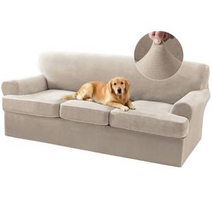 lot 7520 image: Turquoize T Cushion Sofa Slipcover 4 Piece Sofa Covers for 3 Cushion Couch Thick Velvet Couch Cover Stretch Furniture Covers with 3 Individual T Cushion Covers, Washable (3 Cushion Sofa, French Oak)