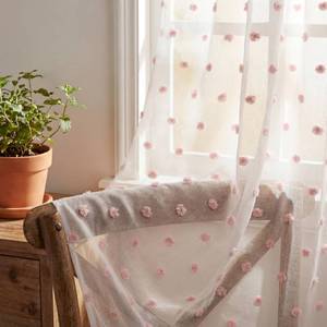 lot 7522 image: Horaldaily 2Pcs White Sheer Curtains for Window 52x63in, Pink Pom Pom, Boho