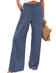 lot 8154 image: Hooever Womens Cotton Linen Pants Casual Button Up High Waisted Wide Leg Trousers(Greyblue-Large)