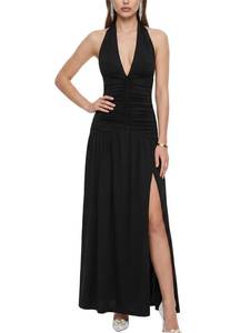 lot 8231 image: Womens Sexy Halter Tie Deep V Neck High Slit Ruched Maxi Dress Summer Vacation Backless Cocktail Party Date Night Dresses