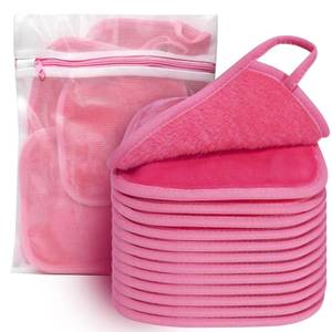 lot 8232 image: KODAMO Makeup Remover Cloth, Reusable Makeup Remover Pads Washable Travel Bag, Microfiber Makeup Removal Face Wash Cloths with Just Water, Gentle Soft,12 Pack, Pink