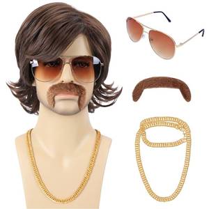 lot 8247 image: Bettecos 70s 80s Costume Wigs for Men with Mustache Glasses and Chain Short Brown Shaggy Disco Wig for Rocker Singer Hippie Retro Cosplay Halloween Party