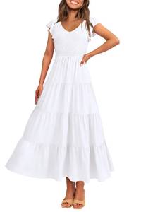 lot 8254 image: PRETTYGARDEN Womens Summer Flowy Maxi Dress Casual Cap Sleeve V Neck Smocked Beach Sundress (White,Medium)