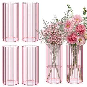 lot 11047 image: Ninehaoou 6 Pack 8 Inch Ribbed Glass Cylinder Vases, Pink