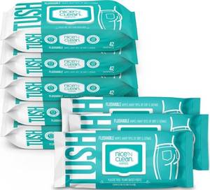 lot 13551 image: Nice N Clean Adult Flushable Wipes (8 x 42 Count)  Personal Cleansing Wipes Made from Plant-Based Fibers  Infused with Aloe & Vitamin E