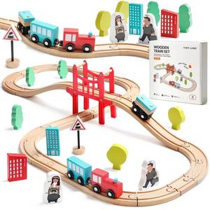lot 13557 image: Tiny Land 39 Pcs Wooden Train Set for Toddler with Wooden Tracks
