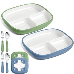 lot 13562 image: Teenyyou 2 Pcs Large Kid Porcelain Plate with Silicone Sleeve, Blue,Green