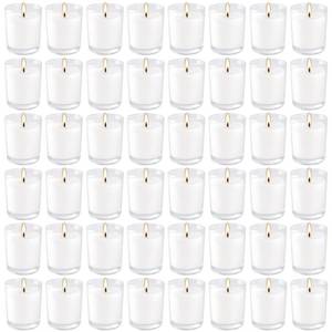 lot 13569 image: YOROXRG 48 Pack White Unscented Clear Glass Filled Votive Candles. Hand Poured Wax Candle Ideal Gifts for Home D�cor Parties Weddings Holidays and Meditation (White)