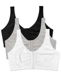 lot 14044 image: Fruit of the Loom womens Front Closure Cotton Sports Bra, BlackWhiteHeather Grey 3-pack, 36 US