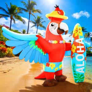 lot 19768 image: Ahititi Inflatable Parrot Decorations 5FT Luau Hawaiian Surfboard Blow up Beach Party Decor for Summer Tropical Holiday Outdoor Yard Aloha Tiki Built-in LED Lights Outside Lawn Pool