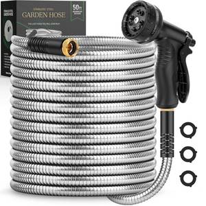 lot 19798 image: Garden Hose 50 FT, Metal Stainless Steel Water Hose with 10 Function Nozzle