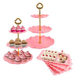 lot 19801 image: 6 Pcs Cupcake Stand Set - Pink Plastic Dessert Table Display Set, 2X Pink Round 3 Tier Cupcake Display Stands Cookie Tray Rack Serving Tower & 4X 14 in Plastic Trays for Wedding Baby Shower Tea Party