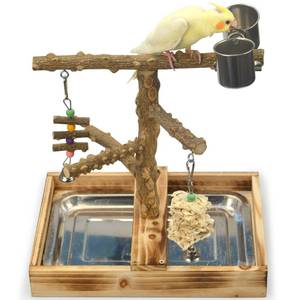 lot 19802 image: LIMIO Natural Wood Bird Toys Playground, Bird Cage Accessories, Bird Perches, with Removable Tray and 2 Stainless Steel Cups