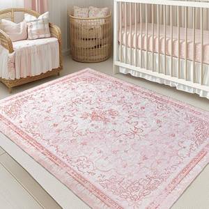 lot 19804 image: Pink Rug for Nursery Girl Bedroom Dorm 5x8 - Cute Bow Coquette Room Decor for Teen Girls Aesthetic, Washable Light Pink and White Cottage Core Floral Scalloped Rug for College Students Playroom