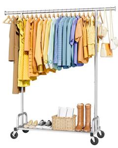 lot 19811 image: Sakugi Clothes Rack - Large-Capacity Clothing Racks for Hanging Clothes with Lockable Wheels, Space-Saving Metal Coat Rack for Bedroom, Laundry Room, Entryway, 45.6 x 16.9 x 59, Silver