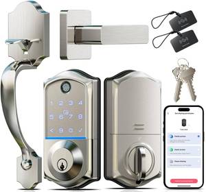 lot 19816 image: Veise VE017-H 8-in-1 Fingerprint Smart Front Door Lock Set, Satin Nickel