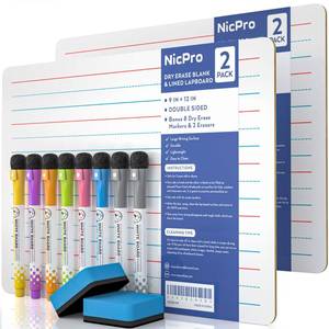 lot 20232 image: Nicpro Dry Erase Lap Board 9 x 12 inches 2 Pack Ruled Kid Double Sided