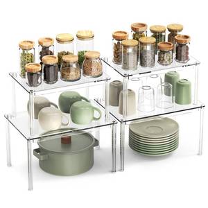 lot 1495 image: NESTRAXO 4Pack Acrylic Cabinet Organizer, Clear Cabinet Organizer Shelf, Spice Rack Organizer for Cabinet for Dishes, Spices, Soda Cans and Bottles, Stackable Shelves House Essentials for Gift