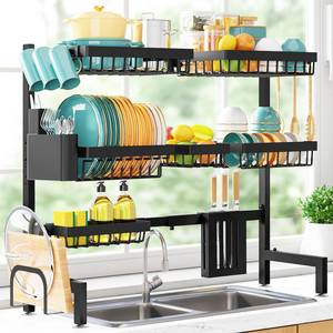 lot 1514 image: Sakugi Over The Sink Dish Drying Rack - Adjustable 3 Tier XX-Large Capacity Stainless Steel Drainer with Cutlery & Utensil Holders, Kitchen Storage & Organization, 31.5-39.5L x 12W x 30.5H, Black