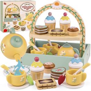 lot 1556 image: Wooden Tea Sets for Little Girls Play Food Cake Pretend Play Toys