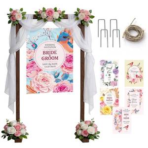 lot 1559 image: JOYOUSQ Wedding Welcome Sign Stand, Adjustable Wooden Sign Holder Stand, Heavy Duty Wood Easel with Poster Design Templates & Ground Stakes for Wedding, Bridal Baby Shower, Birthday Party